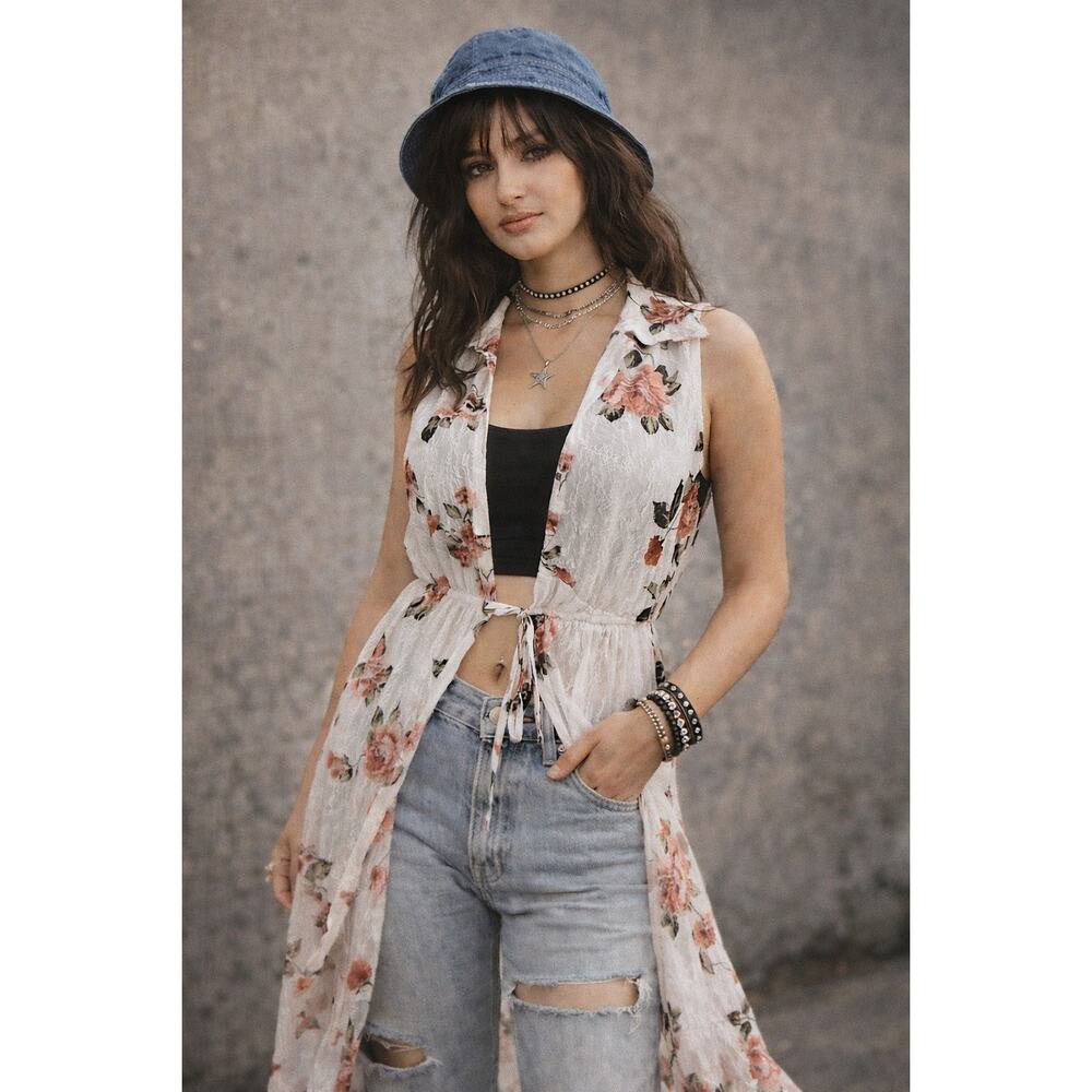 Ember Sheer Lace Floral Duster Sleeveless Midi Y2K 90s Layered Medium